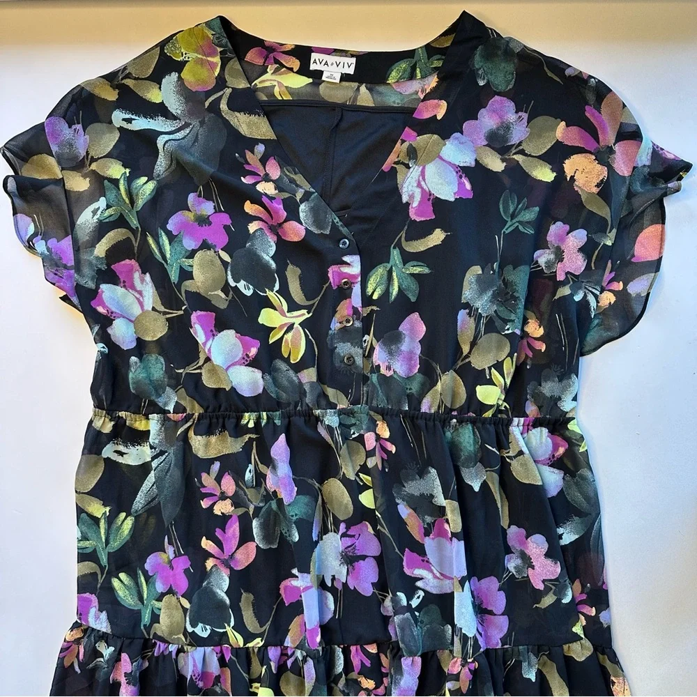 Ava & Viv Women 3X Maxi Dress Black Floral Multi Sheer Tiered Flutter Sleeves - Picture 14 of 14